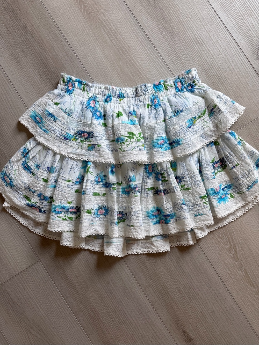 LoveShackFancy White Tiered Skirt with Blue Floral Print